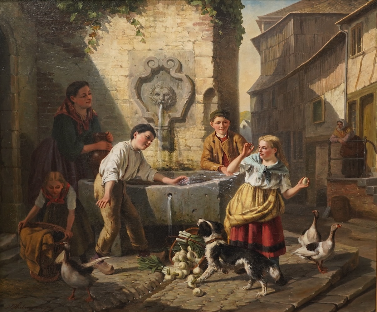 Jan Walraven, Dutch (1827-1878), 'Children at the well, in Arlon'